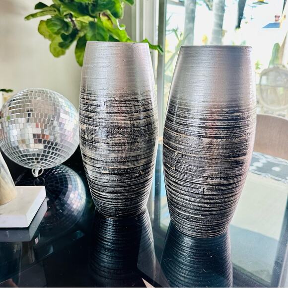 2 Silver Grey Gray Black Floral Flower Tall Vase Kitchen Gadget Storage Display - Picture 9 of 11